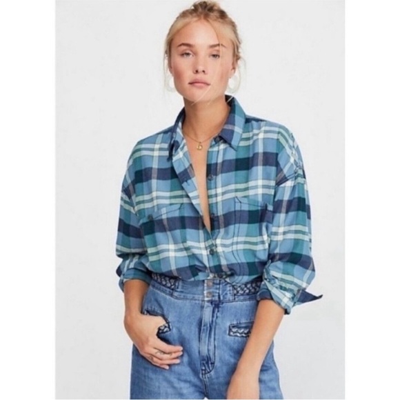 Free People Top Womens Small Blue Plaid Coastal Cowgirl Hippie‎ Boho Button Up - Picture 1 of 14